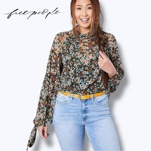 Free People All Dolled Up Long Sleeve Floral Mesh Mock Neck Blouse Jade | Sz L